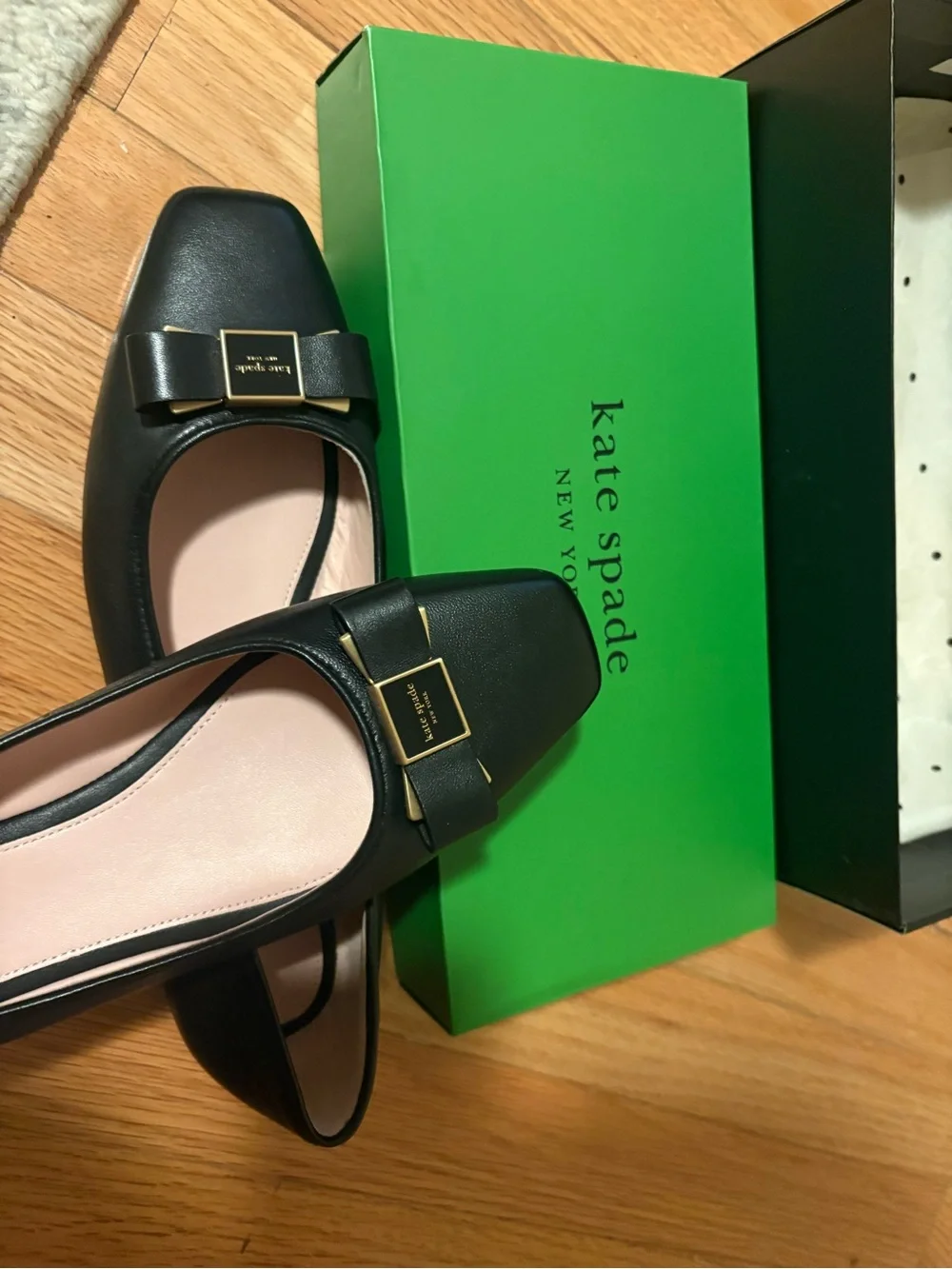kate spade Black Leather Bow Square-Toe Flats with Gold Plaque